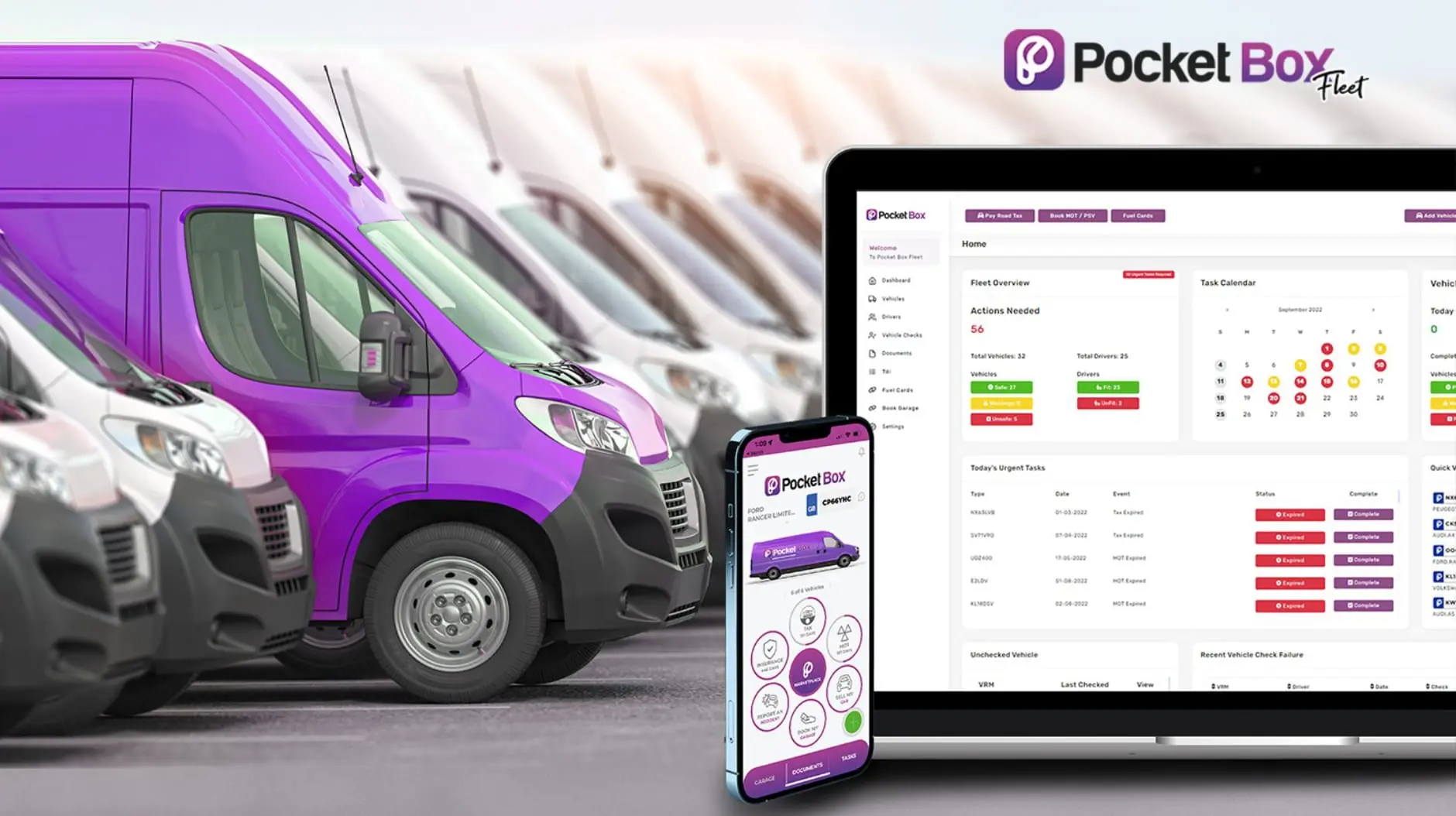 Picture of a purple van in-between many other vans that is being managed by integrated fleet technology.