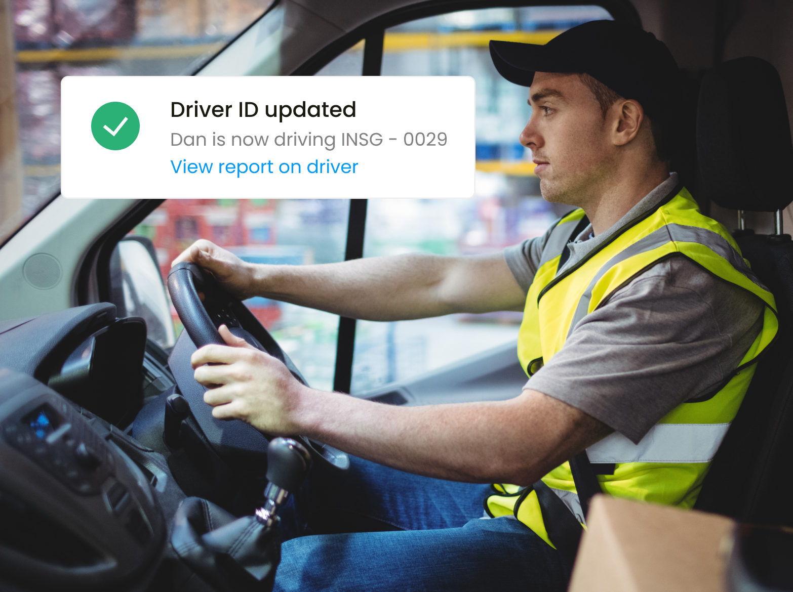 Fleet driver waiting in their vehicle with a textbox above the image displaying their driver ID.