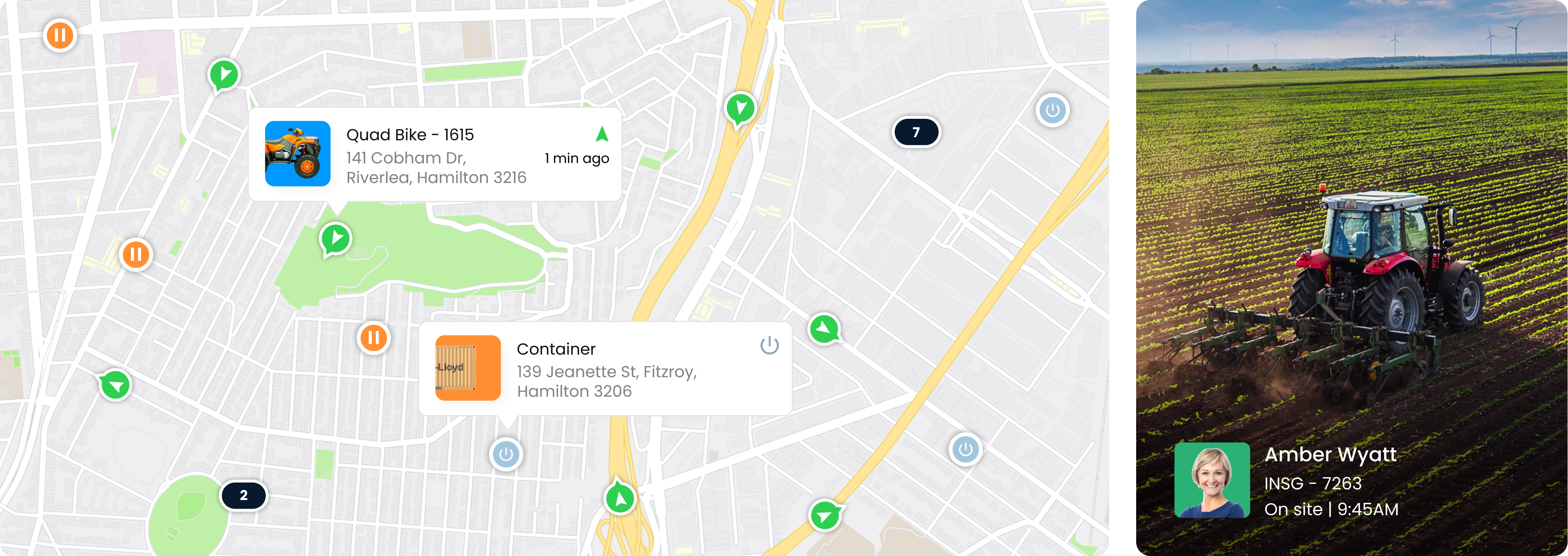 Bird's eye view of a map on Inseego's fleet tracking software showing asset locations.