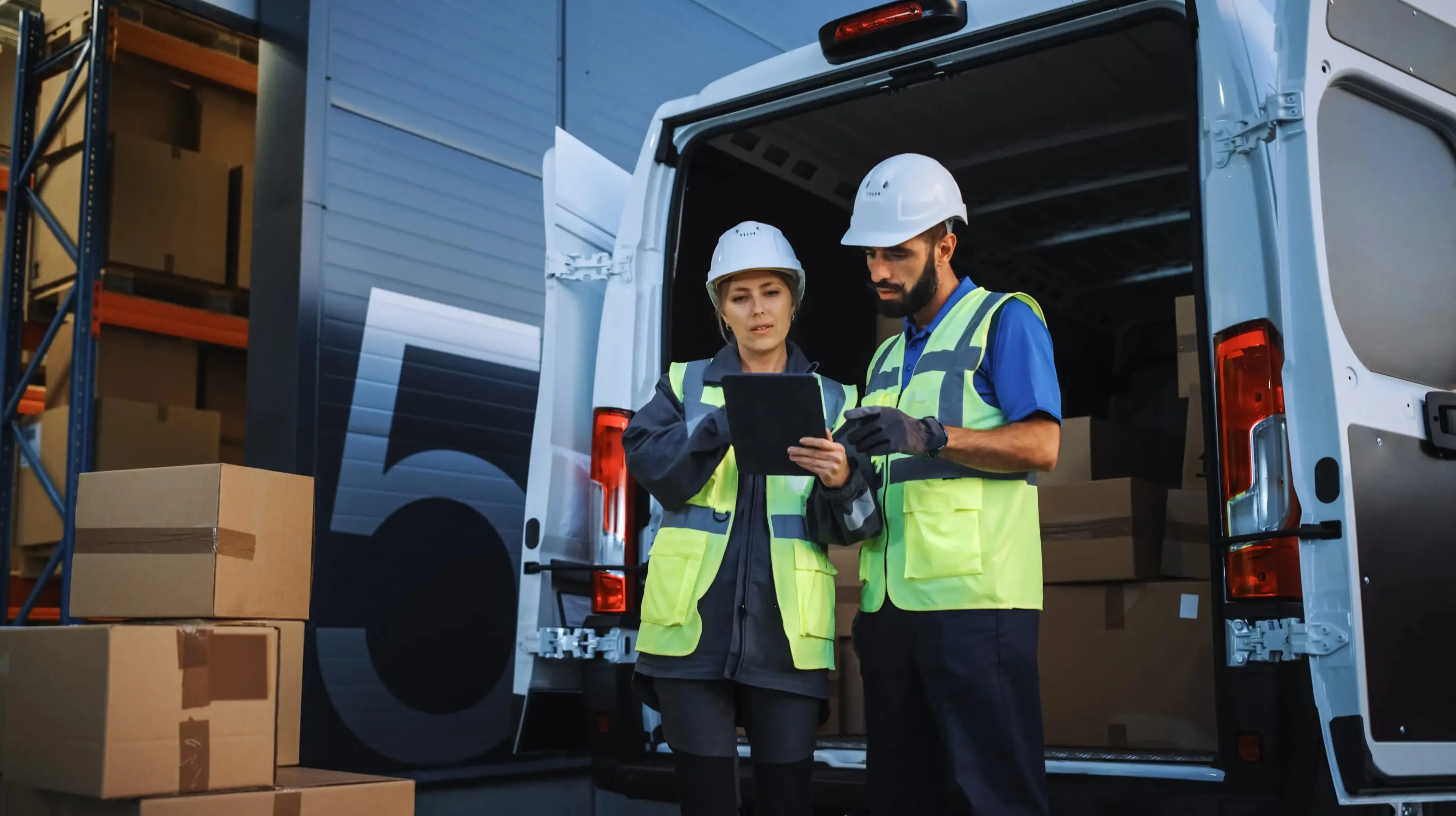 Two fleet managers looking at a tablet, while organizing boxes into a van for transport.