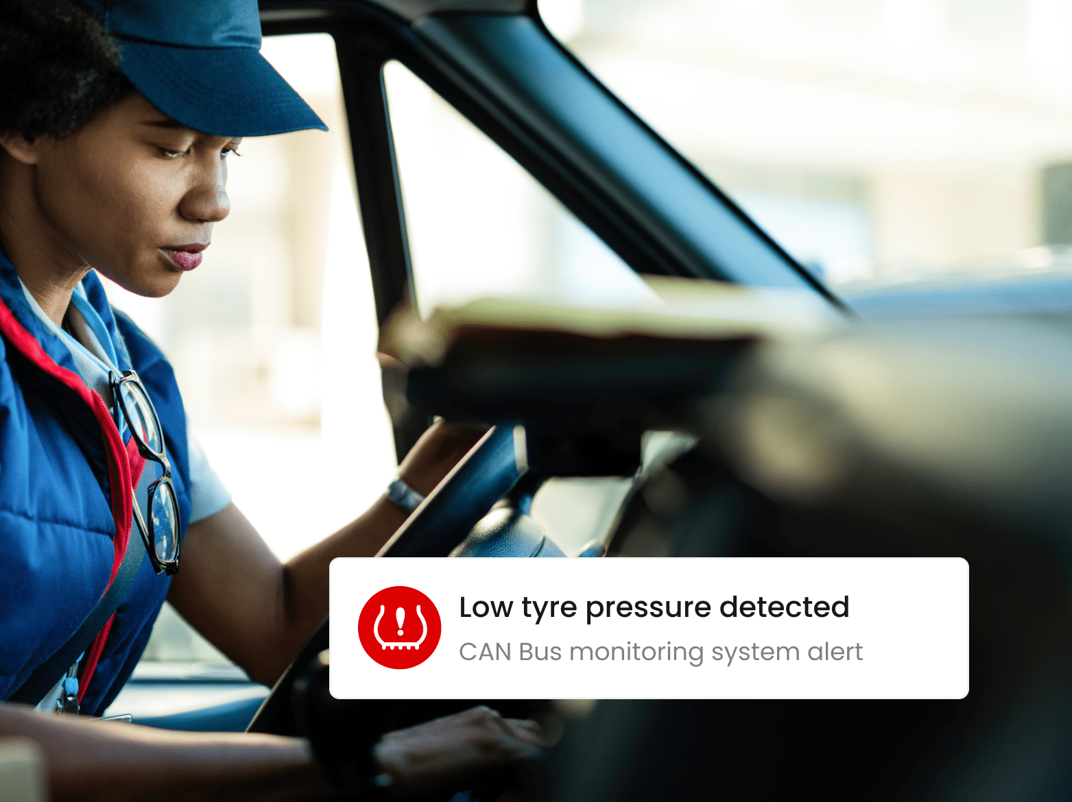 Picture showcasing Inseego's fleet software warning a driver about tyre pressure.