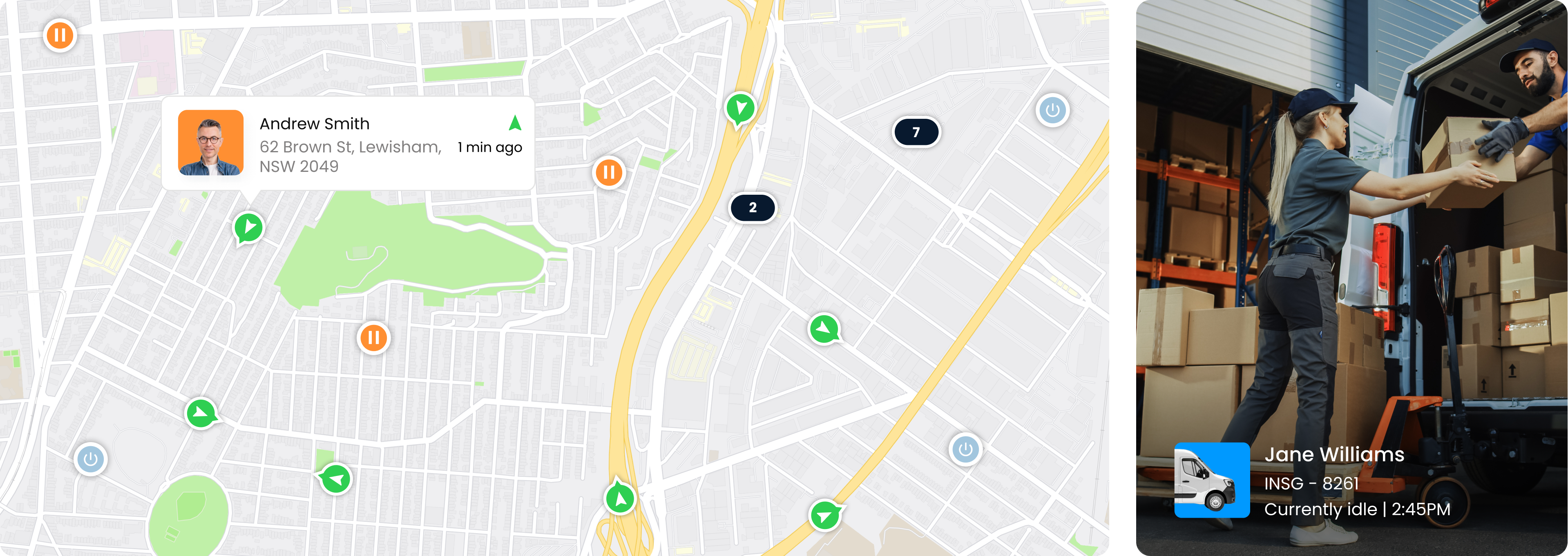 Bird's eye view of a map that is tracking fleet drivers.