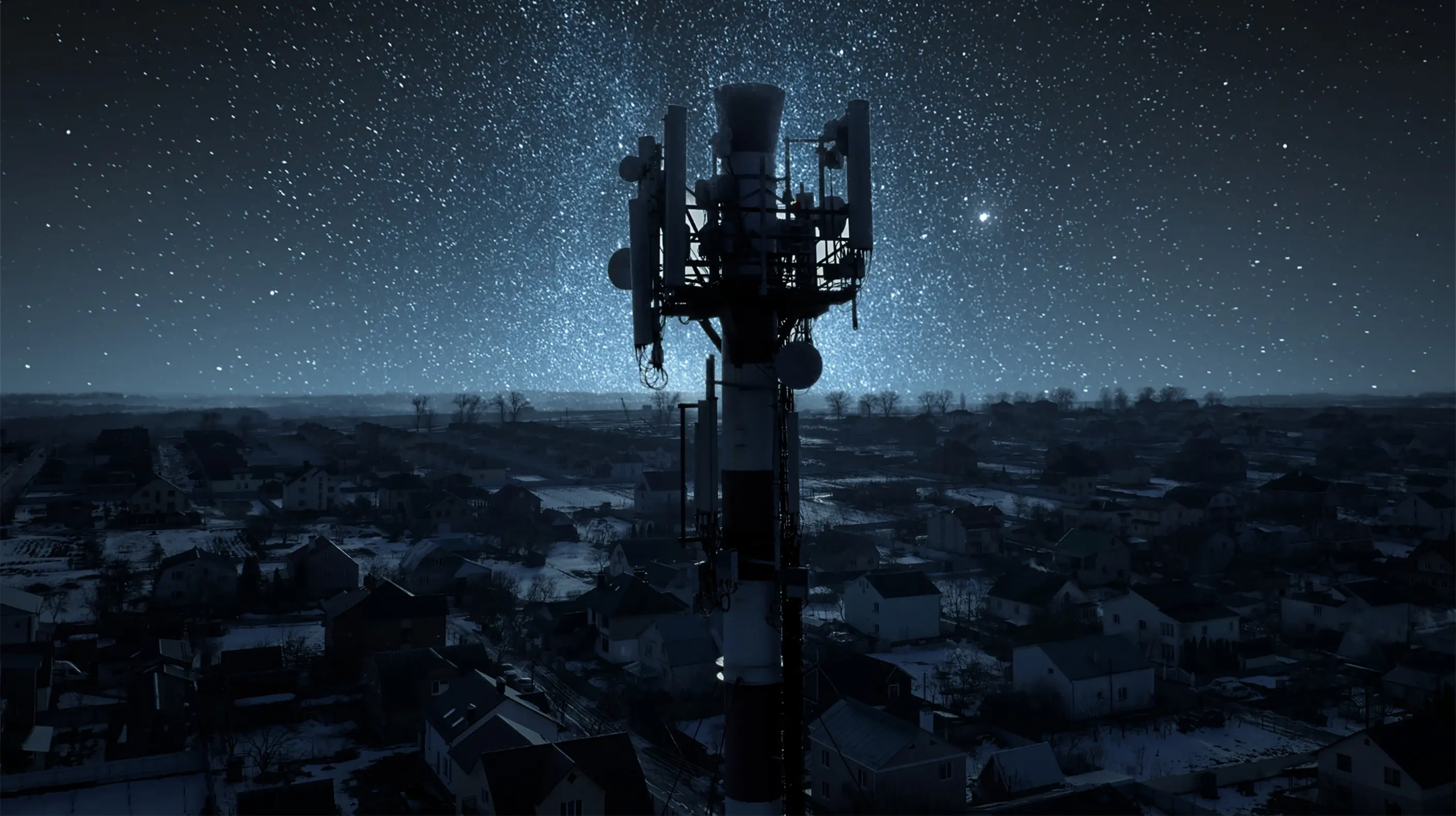 5g tower standing in the middle of a town at night.