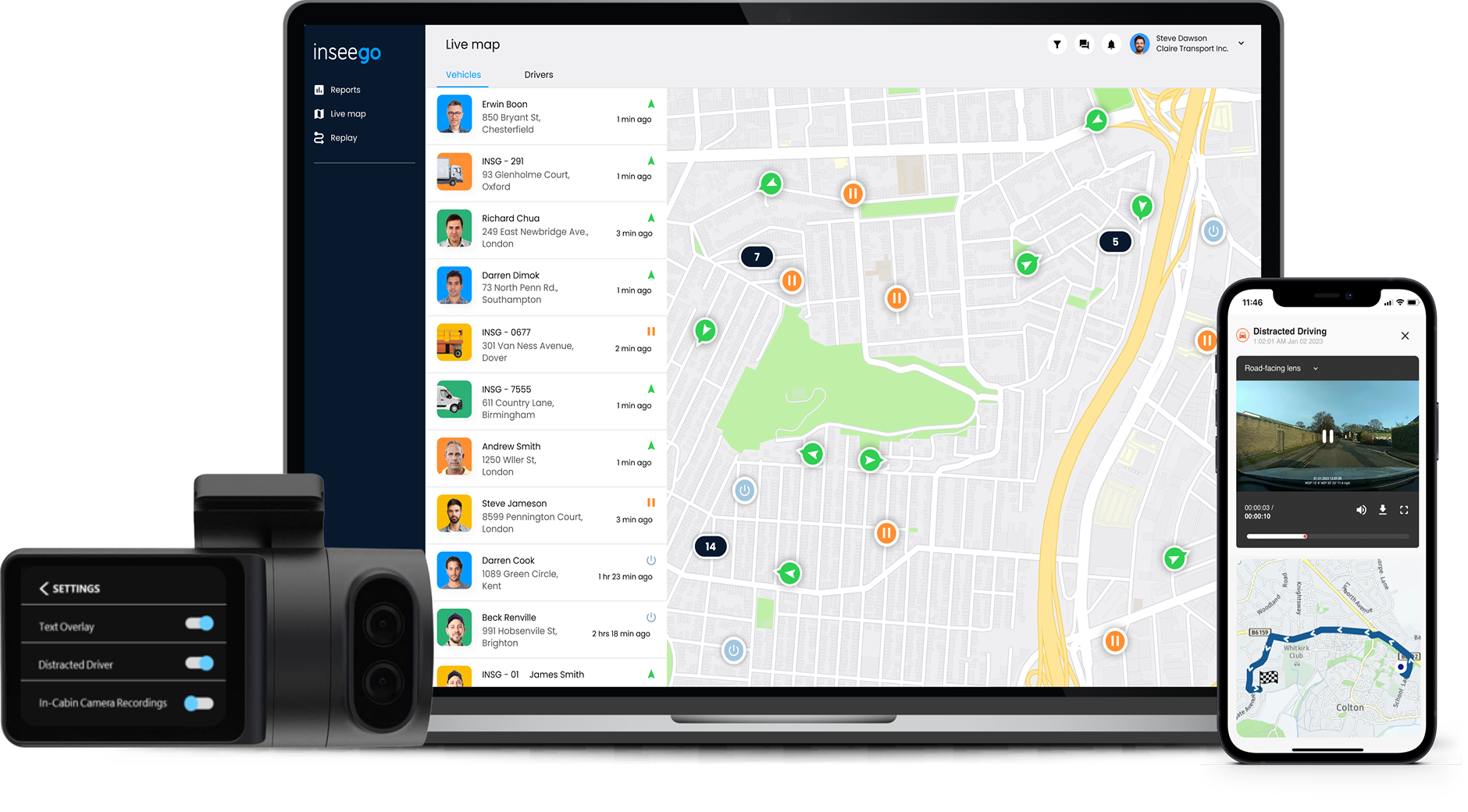 Inseego's dashcam, a tablet with Inseego's fleet telematics software, and a mobile phone with Inseego's telematics app.