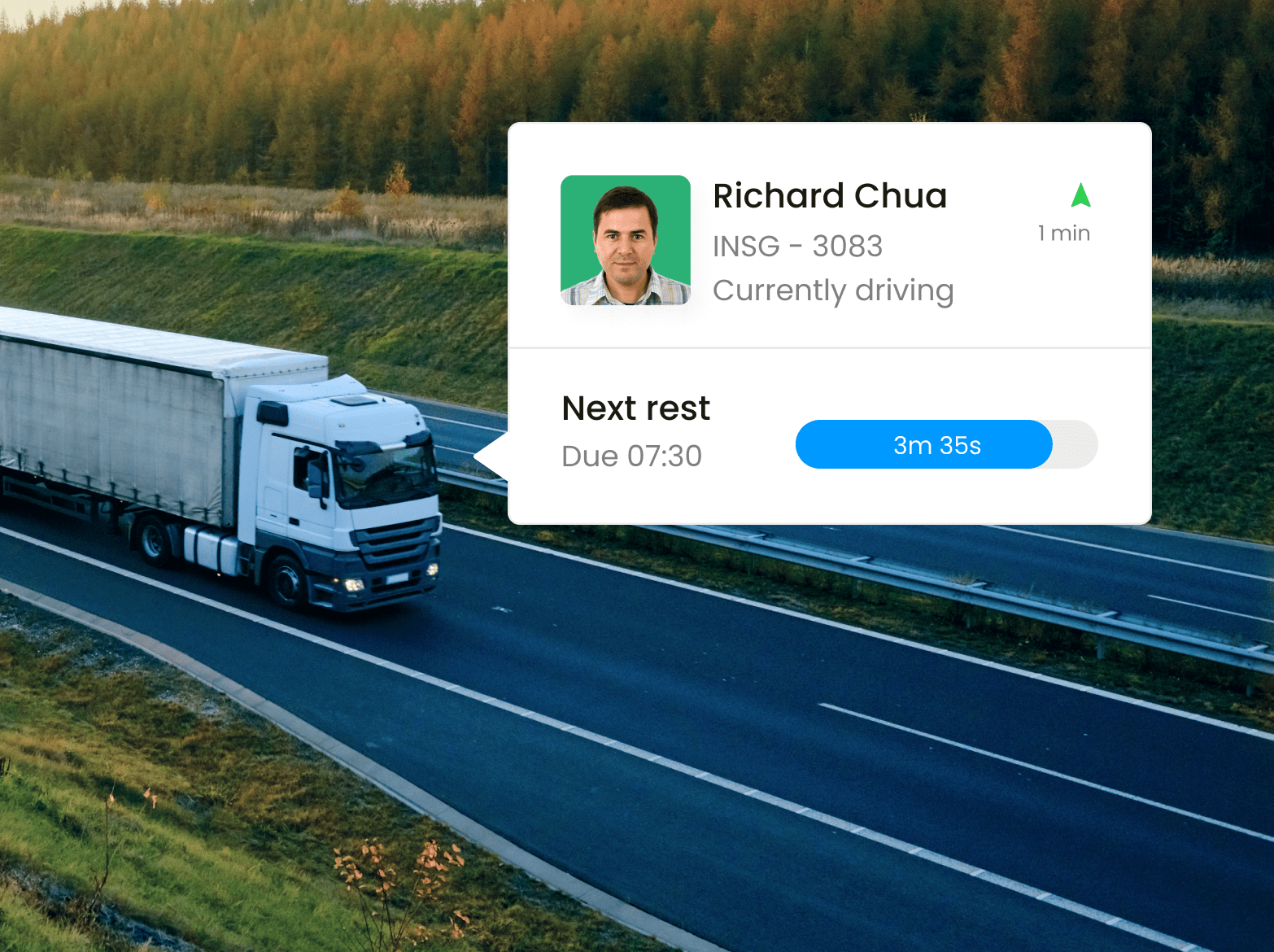 Truck driving down a freeway with a data textbox appearing over the image showing the driver's information.