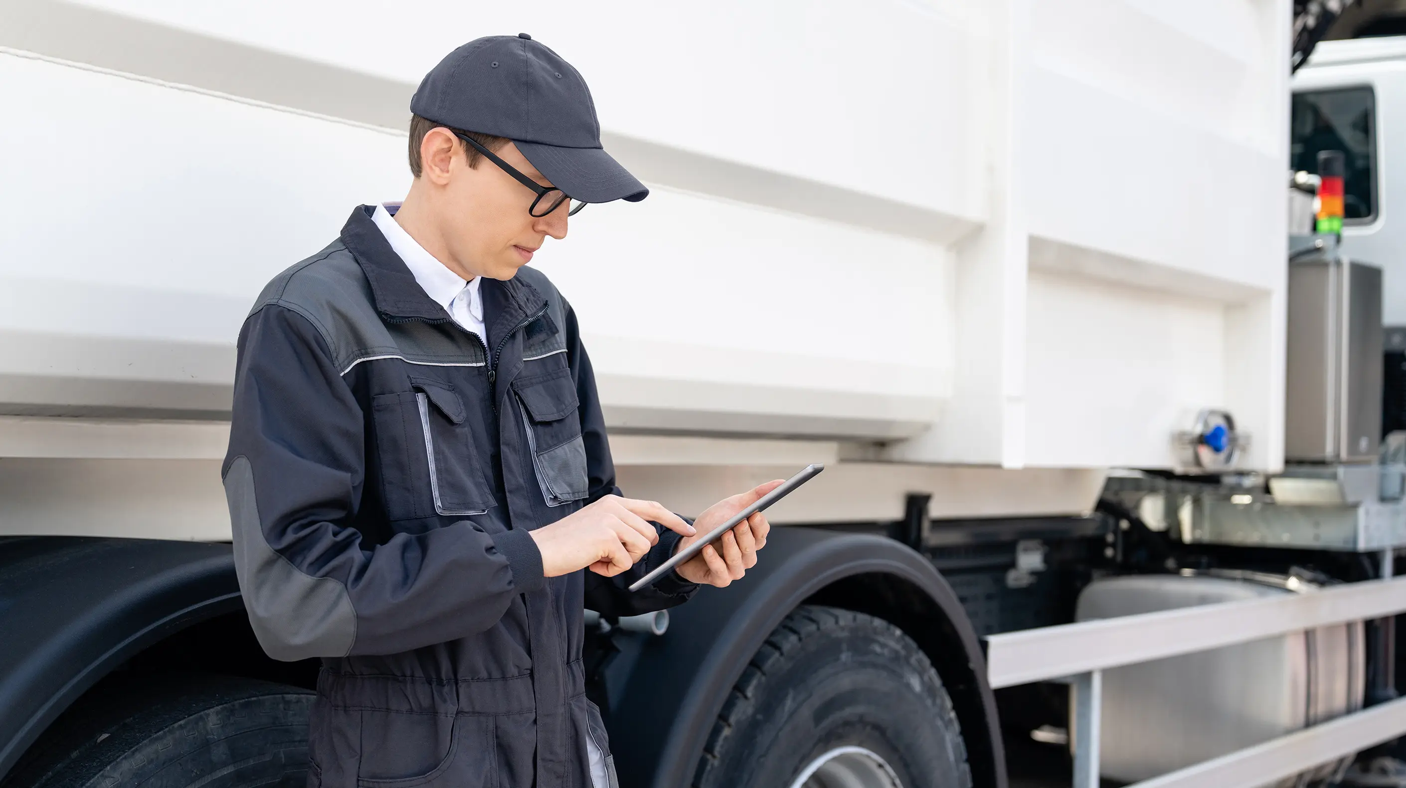 Fleet manager looking at a tablet while standing in front of a truck.