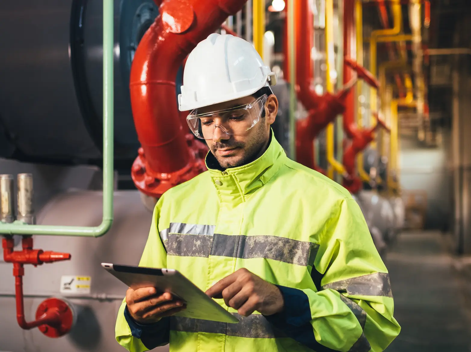 Worker looking down at a tablet with an industrial backdrop.