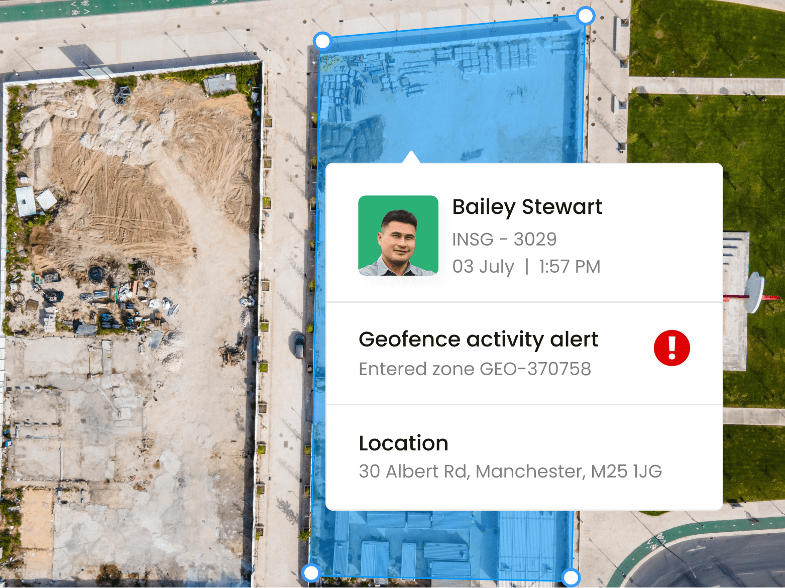 Bird's eye view of a geofence area that Inseego's fleet tracking software is monitoring.