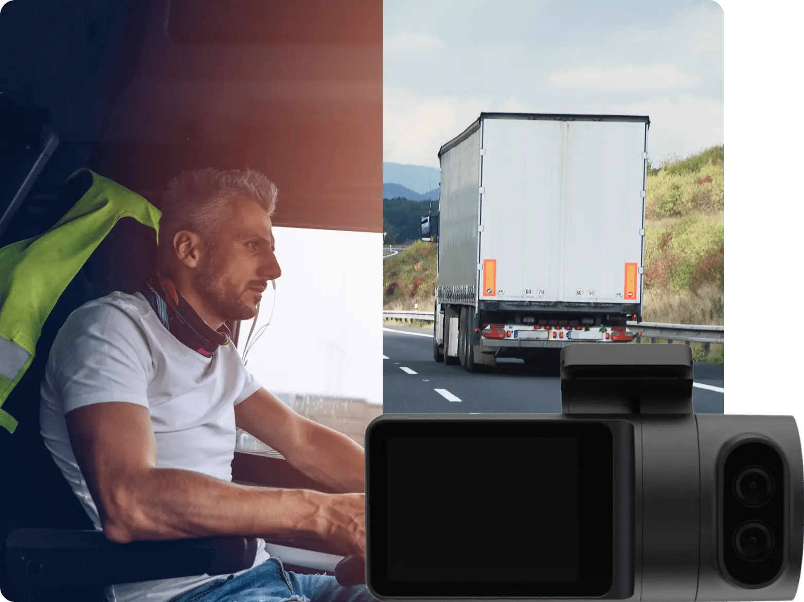 In cabin view and front view video of a driver using Inseego's AI dashcam.