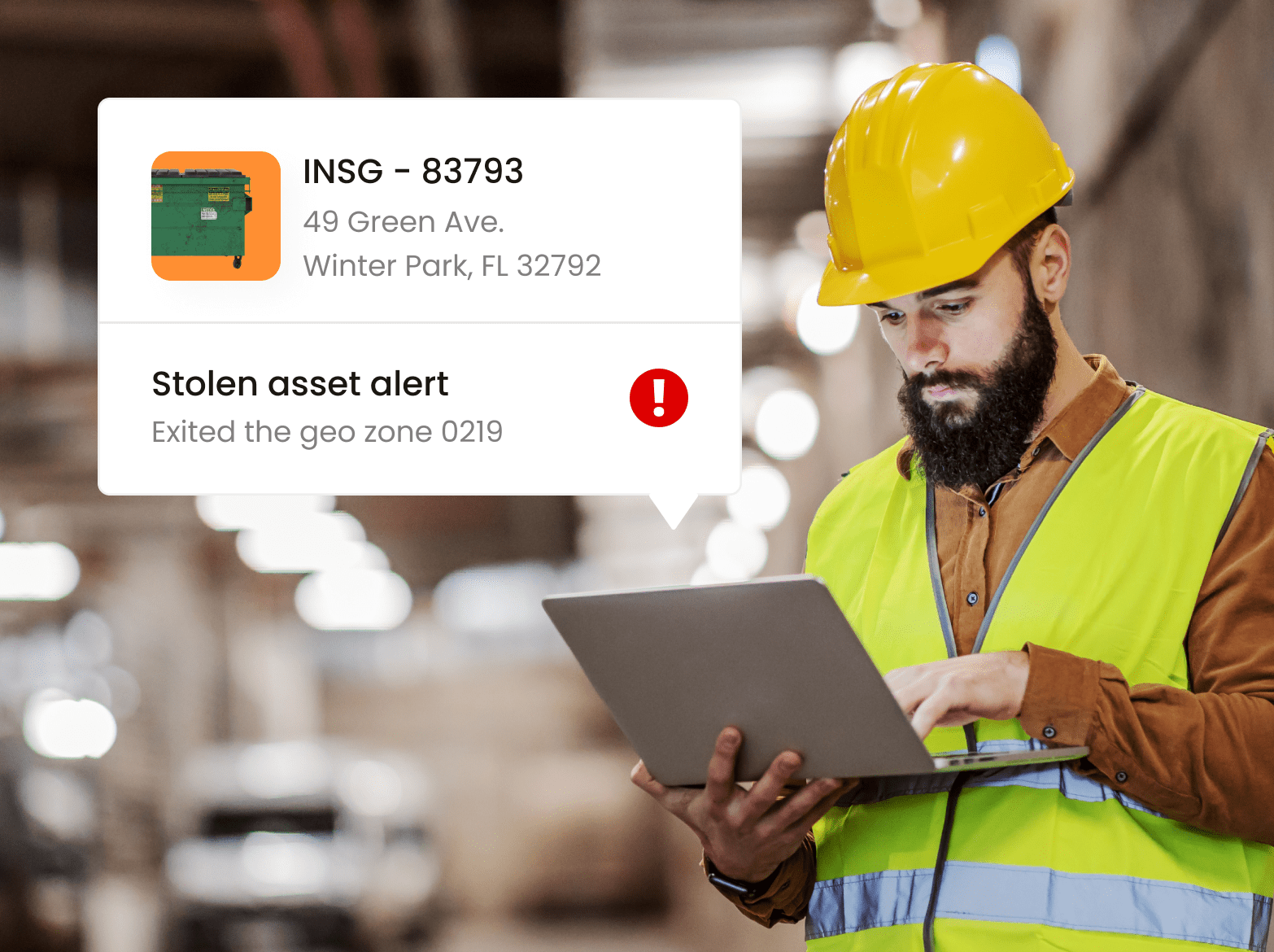 Fleet worker looking Inseego's fleet tracking software which has an alert about stolen assets.