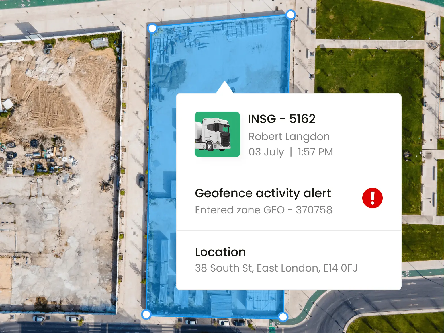 Bird's eye view of a geofence area that Inseego's fleet tracking software is monitoring.