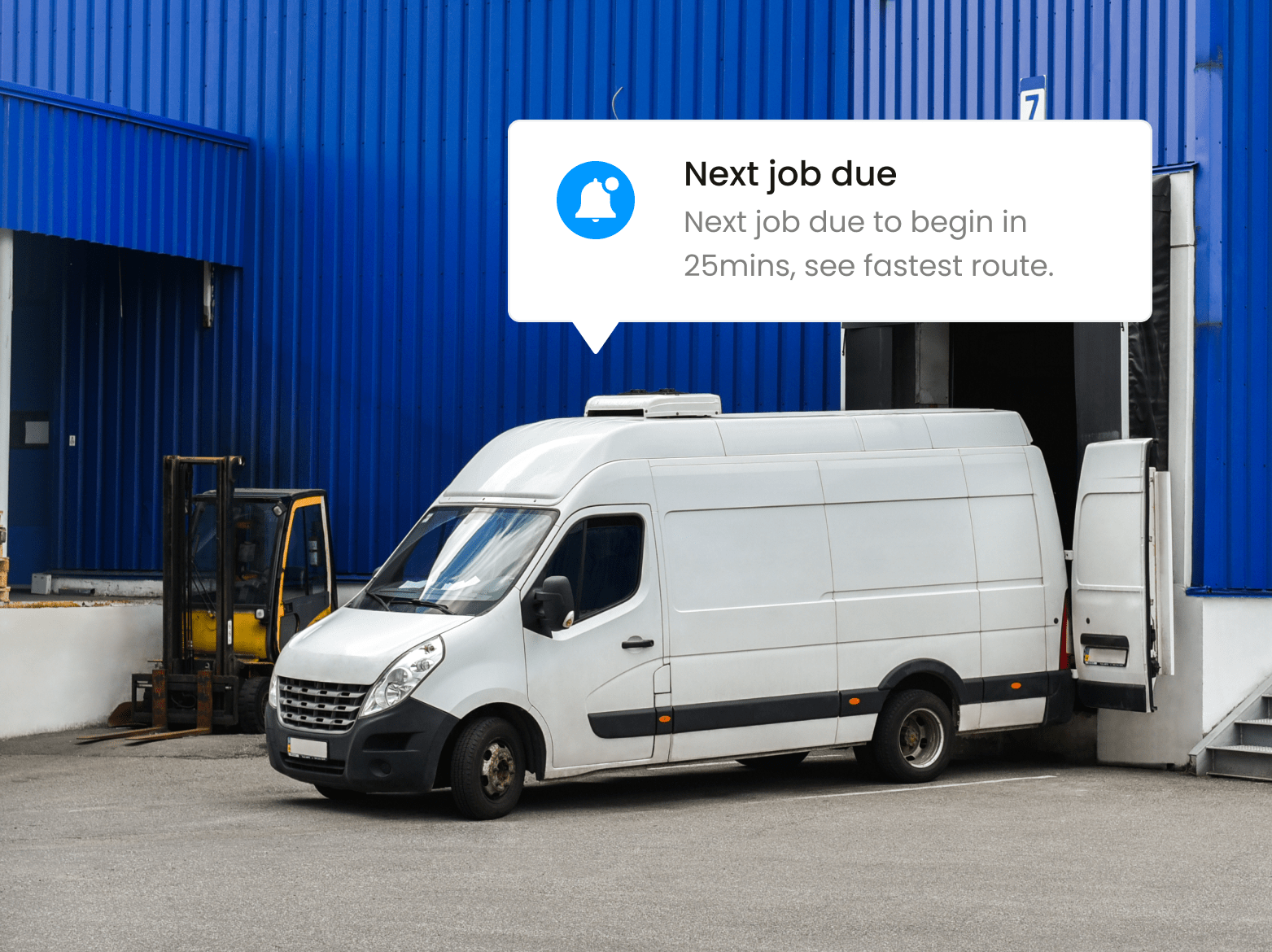 A parked van with a textbox on top of it alerting about a new scheduled job.