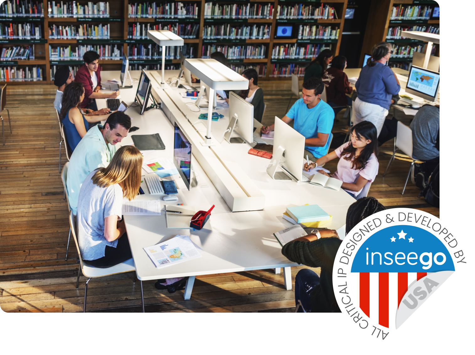 People working together within a library on a funding project.