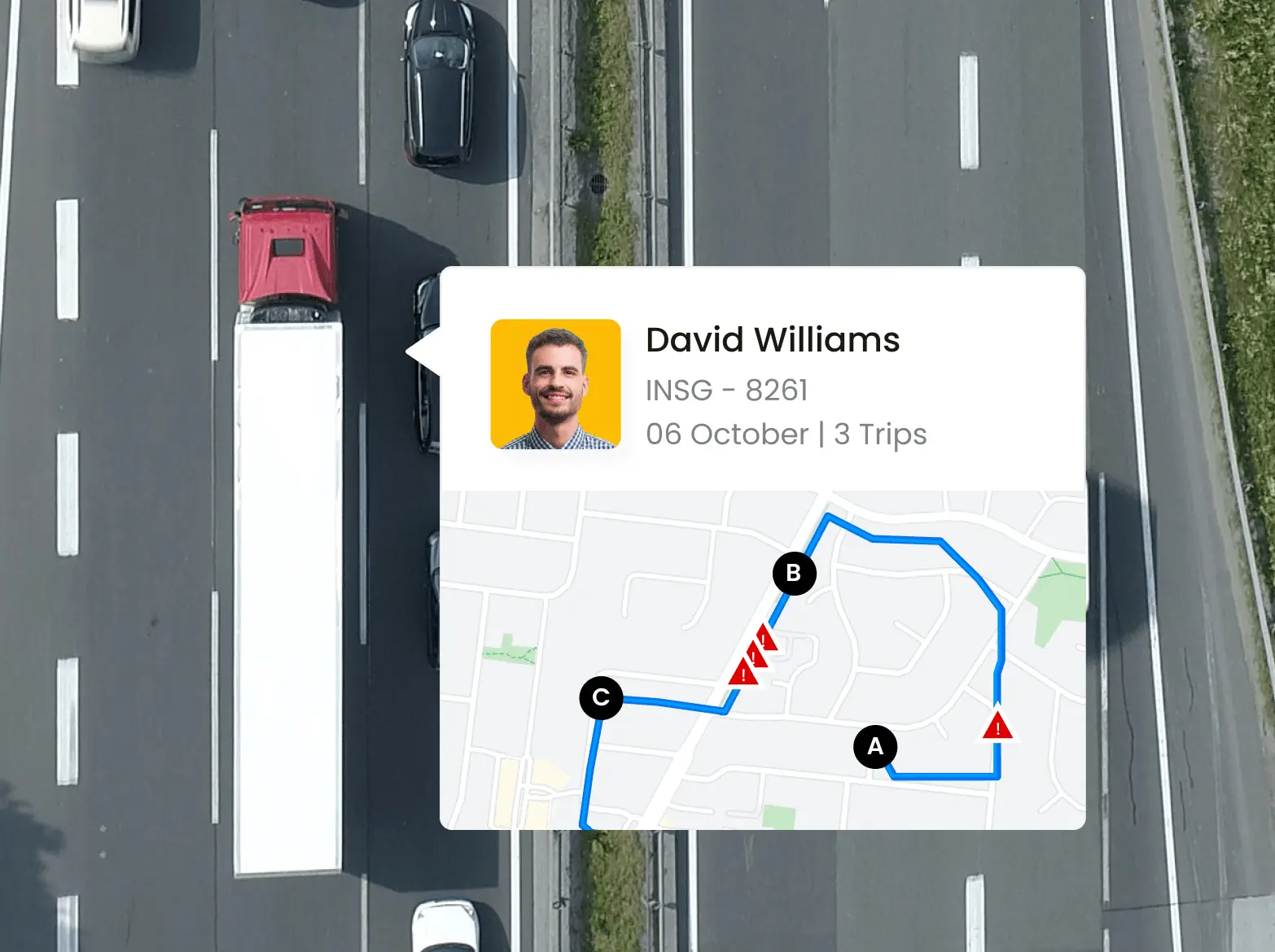 Showcase of Inseego's fleet tracking software giving you information on a driver's trip.