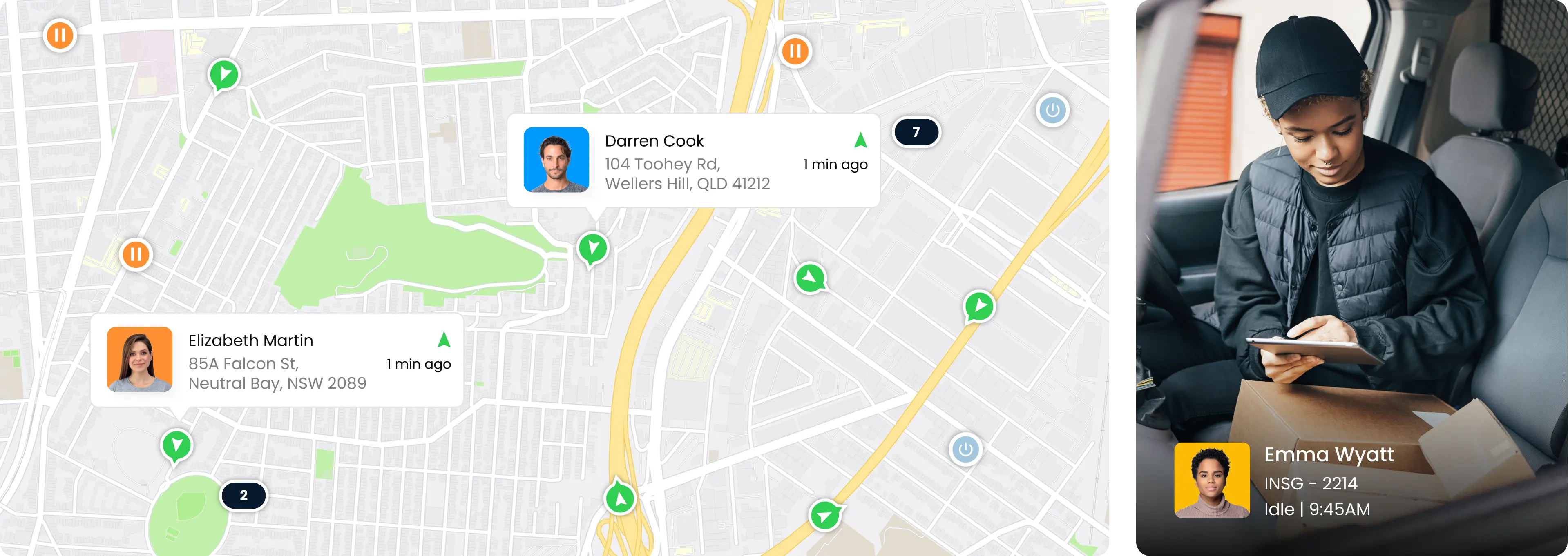 Bird's eye view of Inseego's fleet tracking software showing the location of drivers.