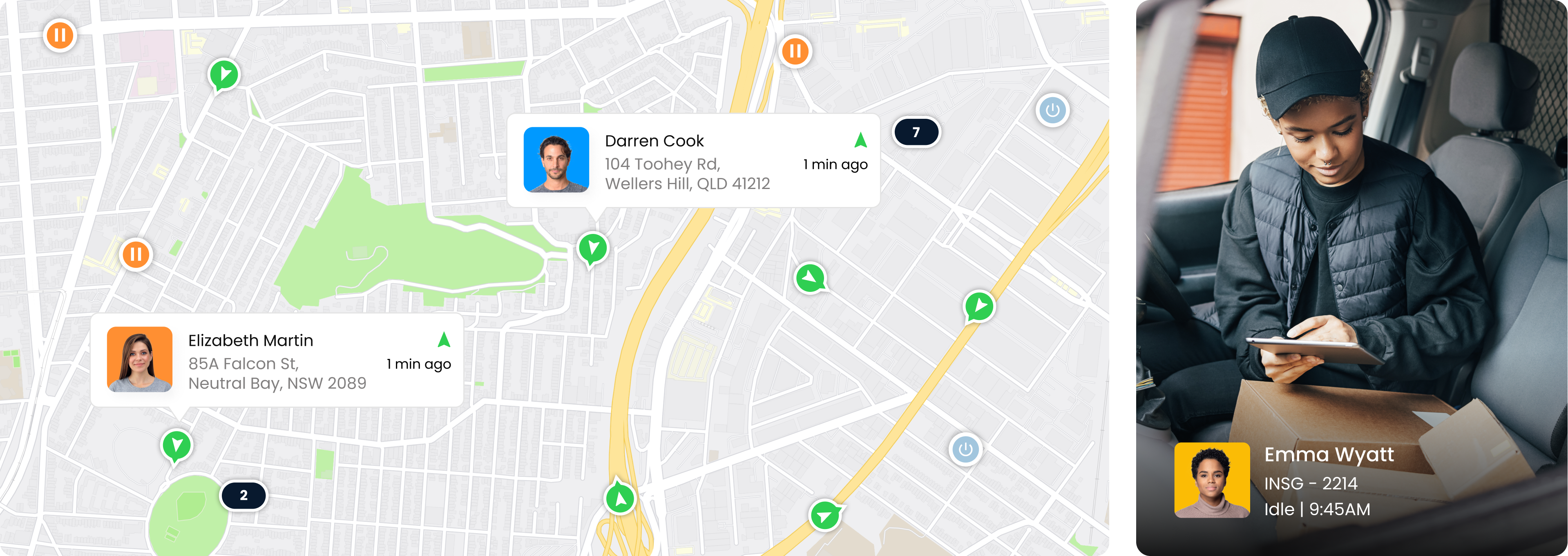 Bird's eye view of Inseego's fleet tracking software showing the location of drivers.