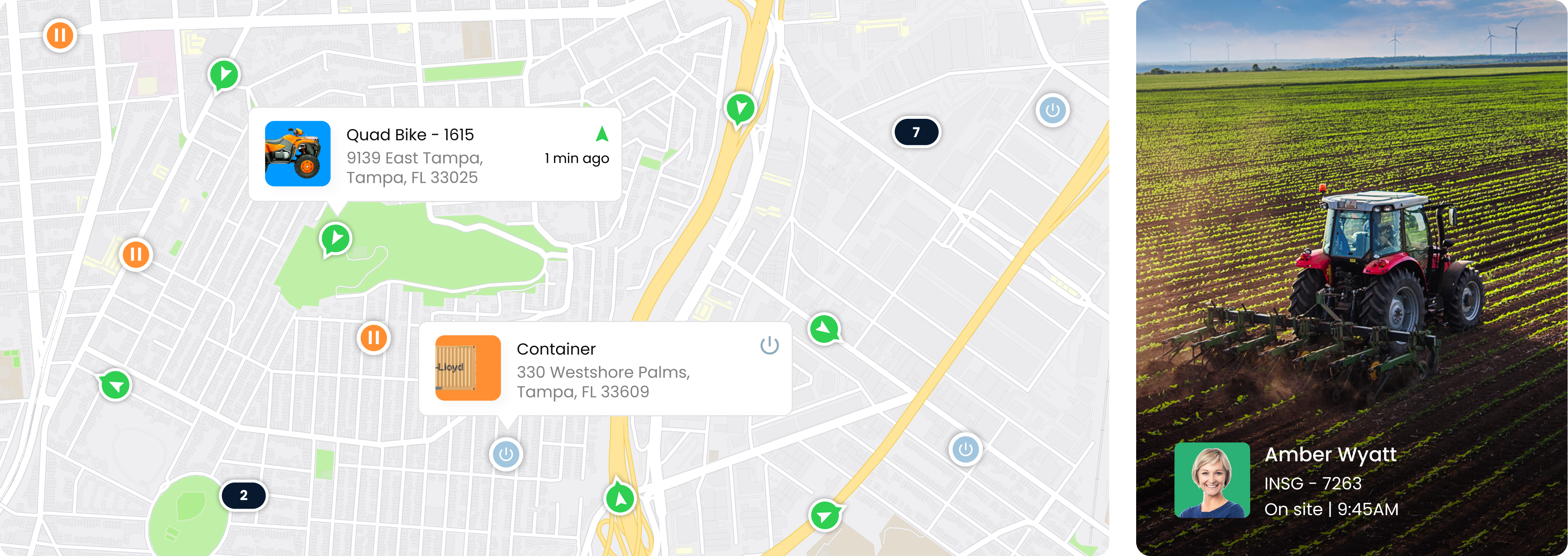 Bird's eye view of a map on Inseego's fleet tracking software showing asset locations.