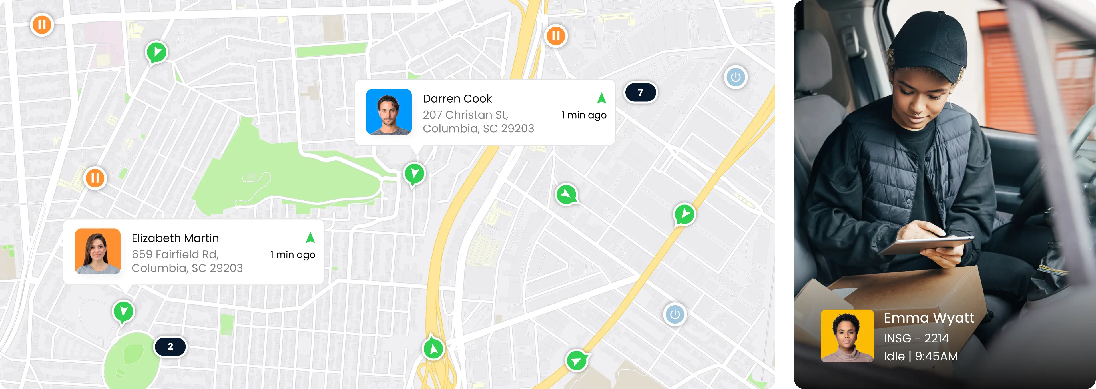 Bird's eye view of Inseego's fleet tracking software showing the location of drivers.