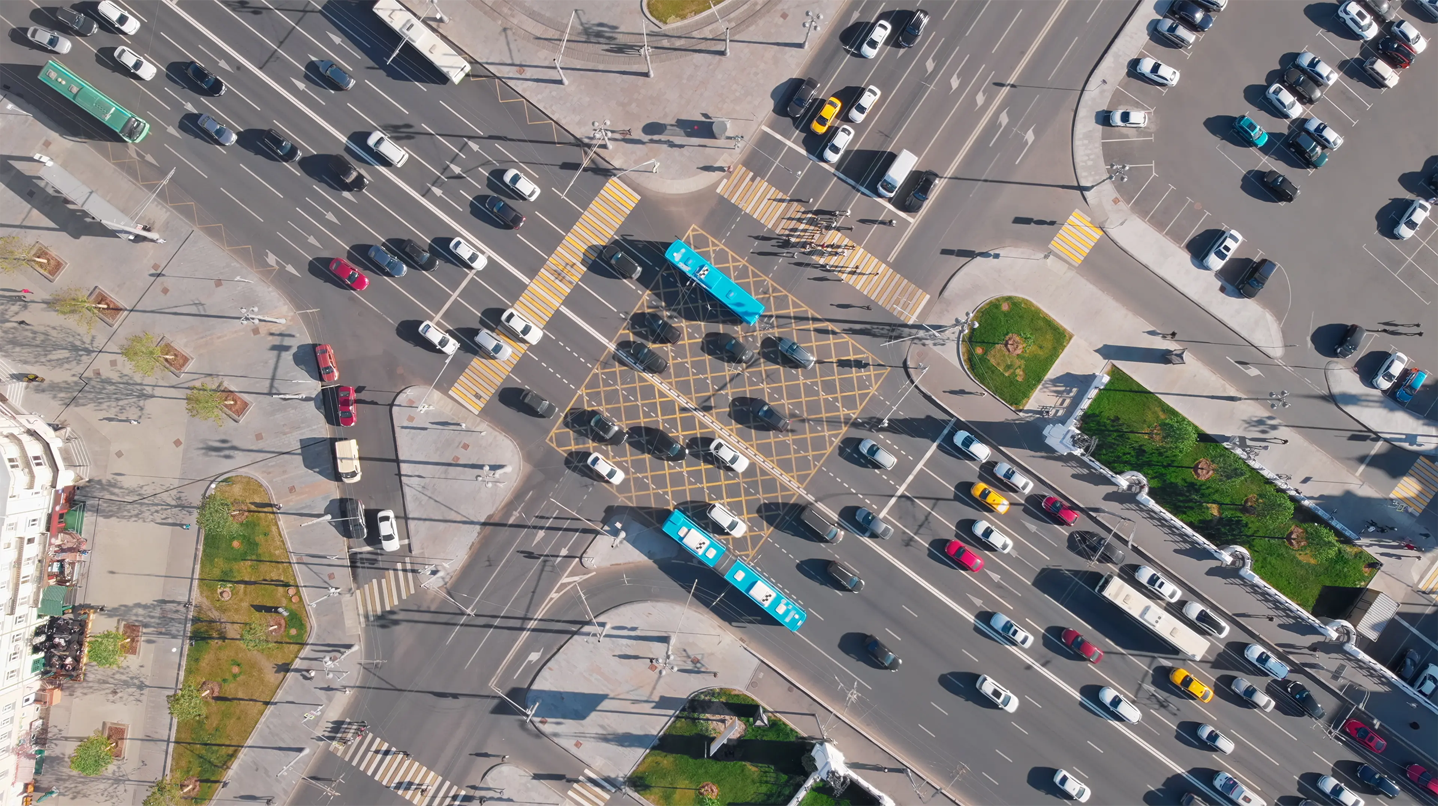 Skyview of a busy & congested crossroad.
